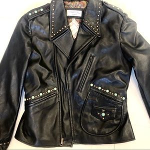 Tasha Polizzi Black Leather Biker Jacket with Turquoise Detail, M